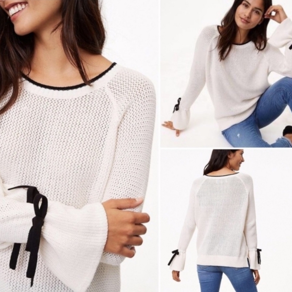 LOFT White Scoop Neck Sweater with Black Trim and Sleeve Bows